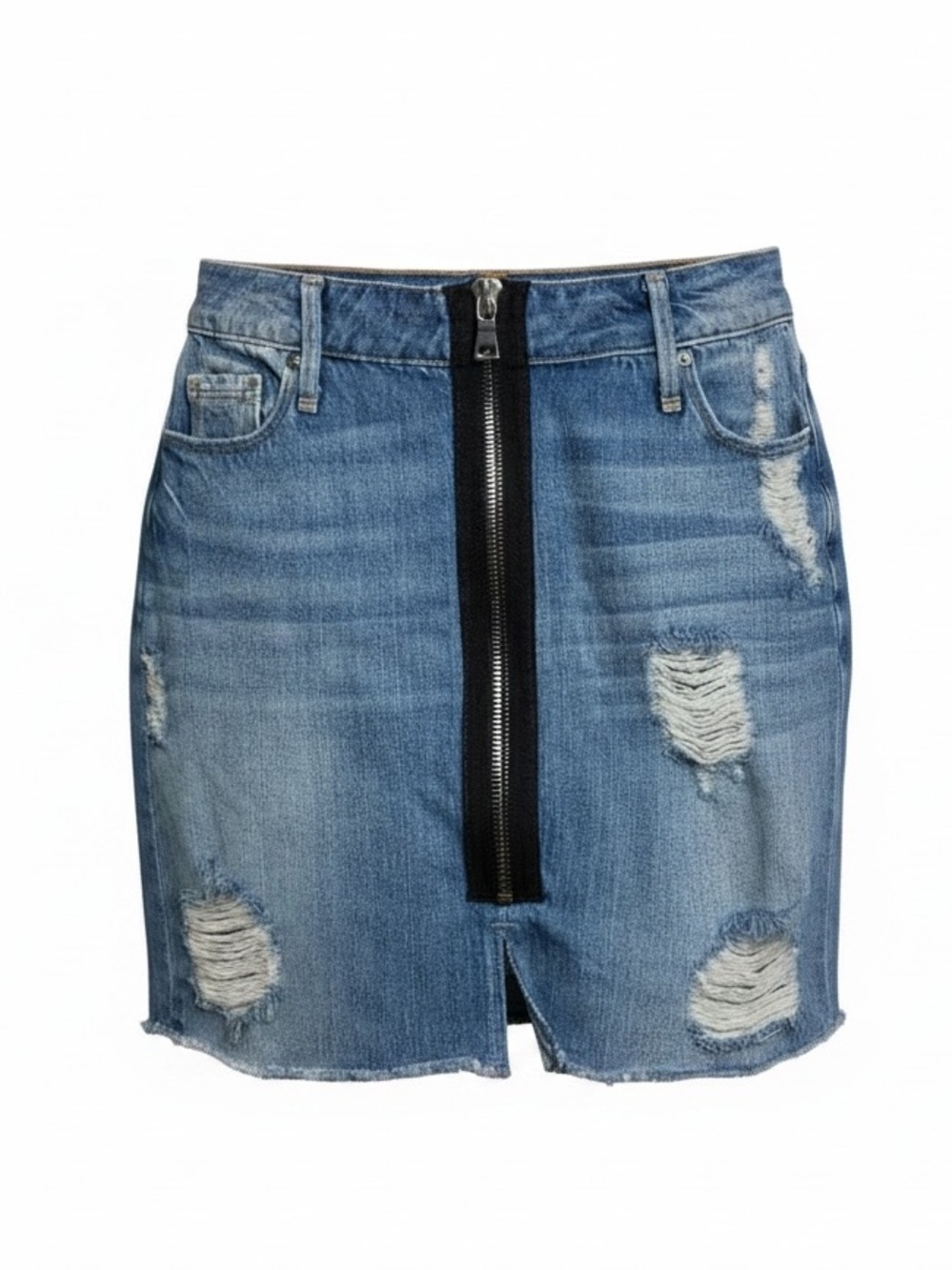 Good American Denim Mini Skirt Size 4 / 27 Zipper Front Distressed Blue Black